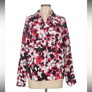 NWT Rafaella Popover Blouse Pink Black White Cabaret Floral Button Cuff size XXL